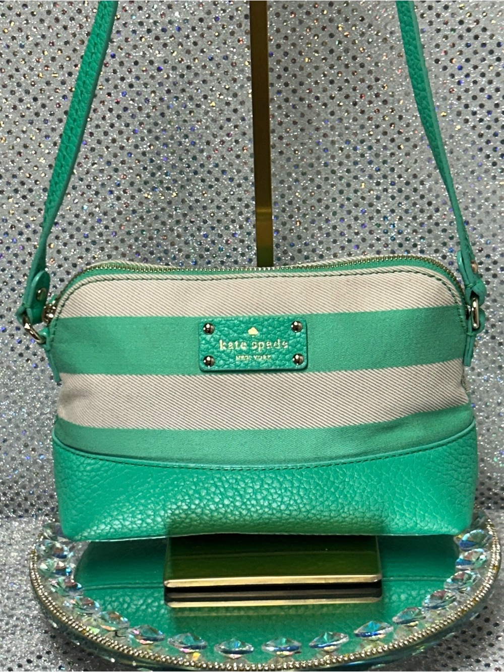 kate spade Storybook Lining Teal and Cream Stripe Crossbody Approx. 10 x 6.5 x 3